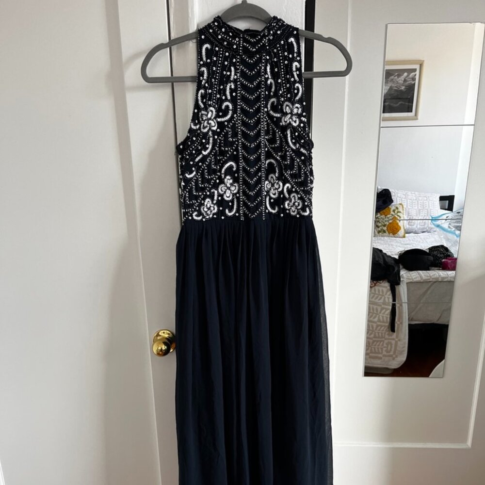 Formal Navy Beaded Top Long Dress - Lace and Beads Brand